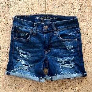 American Eagle Outfitters Next Level Stretch Blue Distressed Jean Midi Shorts